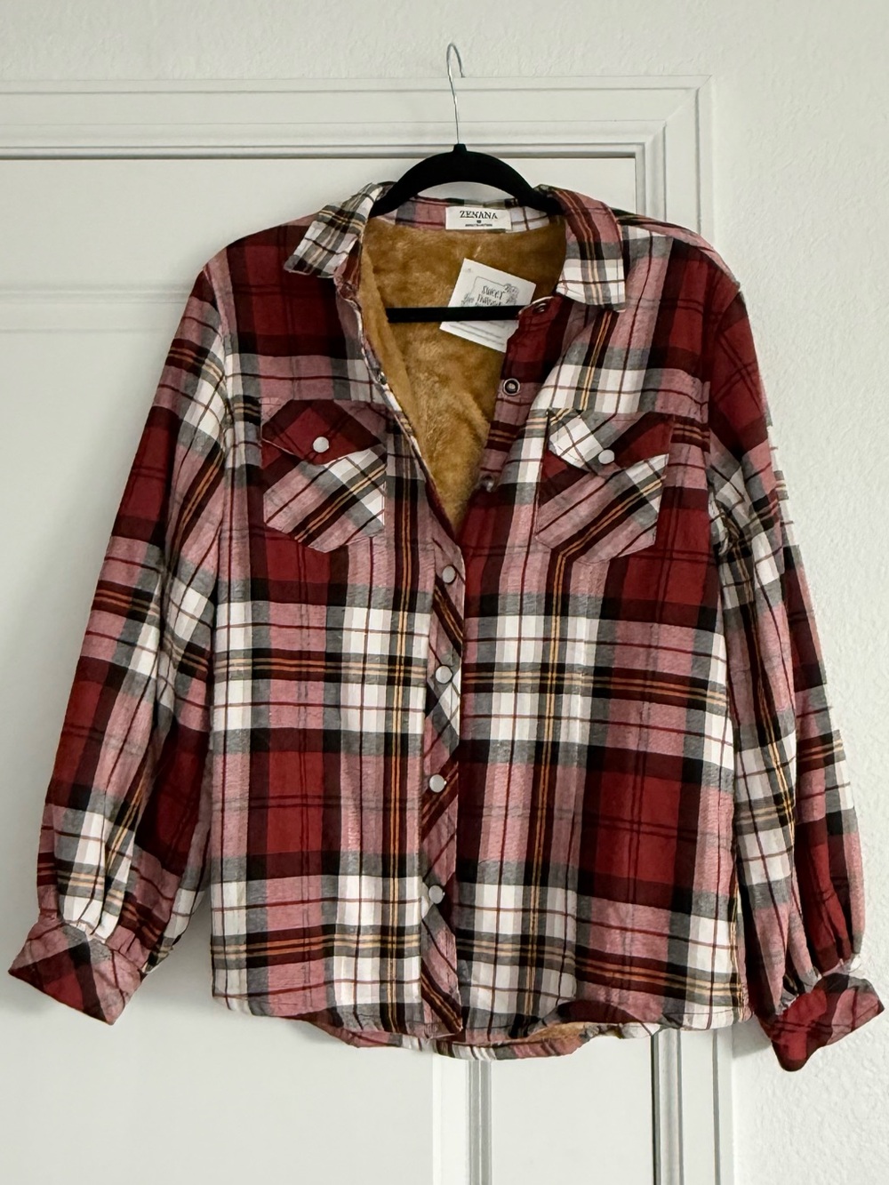 Zenana, Red Plaid Sherpa-Lined Shacket/Jacket, Button Snap, Womens Medium